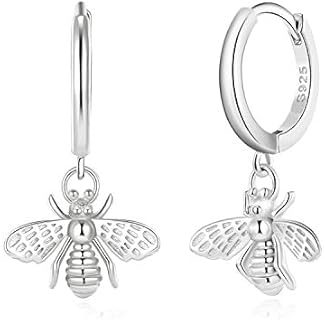 Clutchless Bee Hoop Earrings in Sterling Silver or 18K Gold - Dainty Dangle Design for Women and Girls with Butterfly & Key Charms