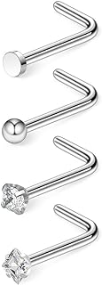 Ruifan 18G Surgical Steel Flat Ball Clear Diamond CZ Nose Stud Rings L Shaped Piercing Jewelry 4PCS