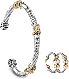 Twisted Cuff Bracelet with Cable Chain & Lobster Clasp, Rhinestone Detail, for Women, Dainty/Classic Design, Stainless Steel