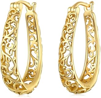 BISAER 925 Sterling Silver Hoop Earrings 14K Gold Plated Silver Earrings Set Filigree Hoop Earrings for Women Hypoallergenic Jewelry Gift for Women