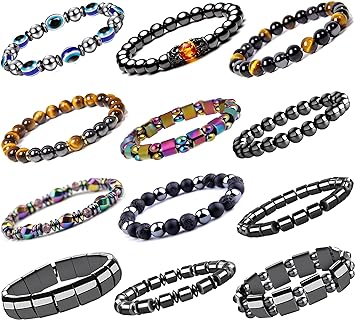 12 Pieces Hematite Bracelet for Men Women Tiger Eye Lava Rock Beads Stone Bracelets Energy Healing Bracelet Anxiety Bracelet Set