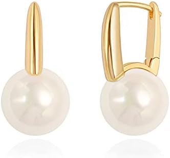 18K Gold Plated Leverback Hoop Handpicked White Shell Pearl Drop Dangle Earring for Women Minimalist Pearl Stud Ear Jewelry for Wedding Bridesmaids Gift