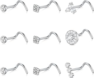 Mayhoop 20G Stainless Steel Nose Rings Nose Studs L Shape Nose Rings Studs Nose Screw Bone Diamond Heart Corkscrew Nose Ring Nostril Nose Piercing Jewelry For Women Men