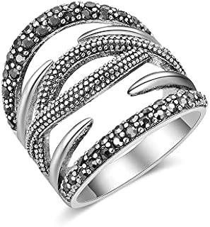 Black Onyx Stone Rings for Women Marcasite Vintage Cocktail Statement Rings Silver Chunky Crystal Antique Retro for victorians Jewelry Gift