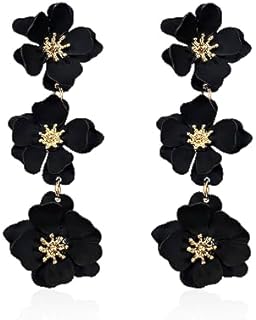 Boho Metal Poppy Flower Dangle Earrings with Push Back for Women and Girls, Matte Painted 3-Layer Tassel Design