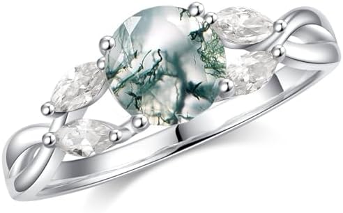 Willow Moss Agate Engagement Rings for Women, 1.2ct Moissanite Wedding Rings 925 Sterling Silver Vermeil Twig Round Cut Moss Agate Rings for Women Gifts
