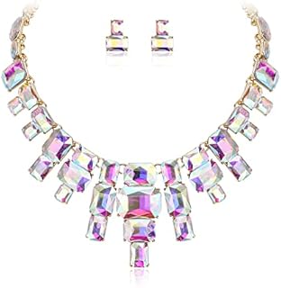 Flyonce Women's Statement Jewelry Set, Vintage Rhinestone Crystal Art Deco Costume Chunky Collar Necklace Stud Earrings Set
