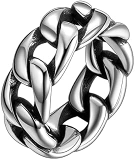 Hipunk Men Women Stainless Steel Cuban Link Ring - 6.5mm 9.5mm Wide Curb Chain Ring Wedding Band Biker Ring Twisted Chunky Dome Ring, Silver Black Engagement Stackable Rings, Size 6 to 12,Gift Warp