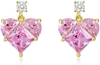 Snap-Back 18K Gold Plated Brass Pink Heart Dangle Earrings with Cubic Zirconia for Women and Girls' Elegant Style