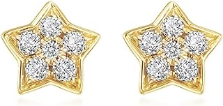 14K Yellow Gold Push Post Diamond Star Stud Earrings for Women, Dainty Minimalistic Flower Design with Natural Genuine Diamonds, Perfect Everyday Fine Jewelry Gift