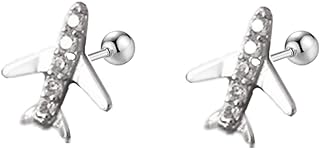 20G Airplane Cartilage Earrings for Women Girls 925 Sterling Silver Hypoallergenic Cubic Zirconia Tiny Cute Plane Ear Piercing Stud Tragus Birthday Anniversary Airline Jewelry Gifts Souvenir