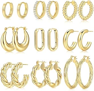 9 Pairs Gold Hoop Earrings for Women, 14K Gold Plated Lightweight Chunky Twisted Hoop Earrings Set for Gift