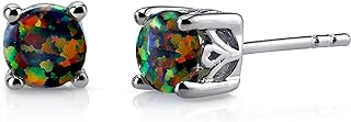 Peora Created Black Fire Opal Earrings 925 Sterling Silver, Scroll Gallery Solitaire Studs, 1.25 Carats Total Round Shape 6mm, Friction Back