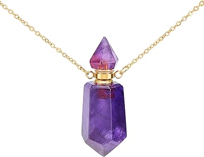 CHGCRAFT 19.29 Inch Natural Amethyst Stone Essential Oil Diffuser Perfume Bottle Pendant Necklace Jewelry with Golden Chain for Womens Perfume Vial Pendant Necklace Jewelry Unique Gift
