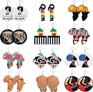 12 Pairs of African-Inspired Wooden Dangle Earrings with French Wire Backs - Versatile natural Ethnic Jewelry Gift Collection