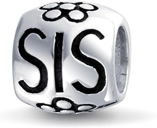 Personalized Flower Star Split 2 Pcs Set Puzzle Heart Shape Love BFF Sorority Sister Words "SIS" Best Friend Friendship Charm Bead For Women Teens Oxidized .925 Sterling Silver Fits European Bracelet