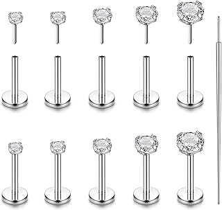 10Pc Hypoallergenic Flat Back Nose Ring Set - Crafted of Surgical Steel Enhanced with Cubic Zirconia - Perfect for Tragus, Cartilage, Nose or Lip Piercings - Versatile and Stylish Earrings for All