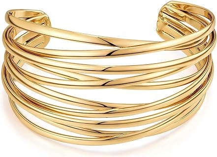 WOWORAMA Women's Chunky Cuff Bracelets, Multi Layer Cross Wire Bangle with Box Chain, Adjustable Brass Wrist Arm Cuffs, Gold/White Gold Finish