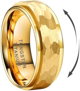 8mm Silver/Black/Gold Spinner Tungsten Titanium Fidget Rings for Men Women Anxiety Released Hammered Design Engagement Wedding Band Stepped Edges Comfort Fit