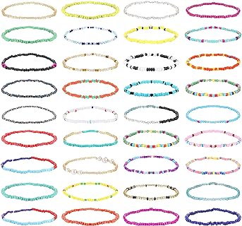 Ubjuliwa 36Pcs Handmade Beaded Anklets Bracelets for Women Boho Elastic Multilayered Colorful Beads Stretch Anklets Set Beach Jewelry Gifts