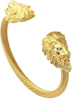 18K Gold Lion Head Men's Cuff Bracelet in Stainless Steel with Cable Chain Design – For Style-Conscious Men