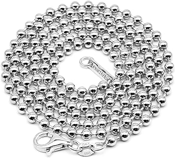 VENICEBEE® Best Sterling Silver Solid 925 Ball Chain Dog-Tag Military ID Necklace 24" Long 3MM Wide + Velvet Pouch, Polishing Cloth - HYPOALLERGENIC LEAD-FREE NICKEL-FREE METAL