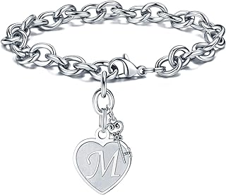 M MOOHAM Heart Initial Bracelets for Women Gifts - Engraved 26 Letters Initial Charms Bracelet Stainless Steel Bracelet Birthday Christmas Jewelry Gift for Women Teen Girls