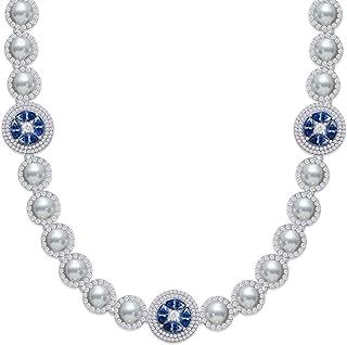 Evil Eye Women's Necklace with 6MM Freshwater Pearl & Blue Moissanite Diamond in 18K Gold Over Sterling Silver, Box Chain & Box-with-Tongue Clasp, 20" Length