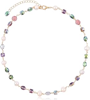 Ball Clasp Multicolored Crystal Stone and Pearl Beaded Choker for Women, Bohemian Y2K Disco Ball Design Necklace, Unique and Minimalist Non-Metallic Jewelry