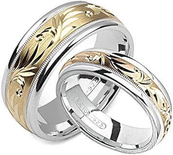 two-tone sterling silver & 10K yellow gold 6 millimeters & 8 millimeters wide wedding band set him and her