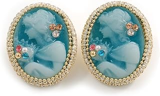Oval Teal Blue Acrylic Crystal Cameo Stud Earrings in Gold Tone - 25mm Tall