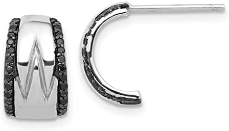 Rhodium Plated 925 Sterling Silver Black Spinel J Hoop Earrings with Notched Post for Women - Elegant Design