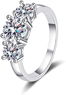 18K White Gold Plated Silver 3-Stone Moissanite Engagement Ring, Sterling Silver Marriage Band for Women with D-E-F Color Clarity, Hypoallergenic Proposal Promise Ring, Round Design