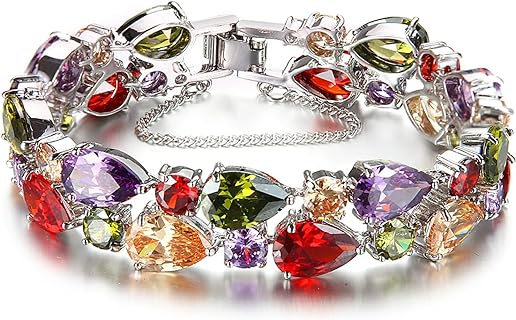 Women's Multicolor Cubic Zirconia Bangle Bracelet Set with Box Chain and Spring Ring Clasp - Presented in Silver Plated Brass and Quality Copper