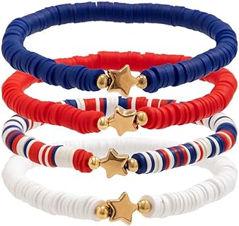4th of July Star Heart Star Charm Bracelet For Women Men Red White Blue Beaded Stretch Bracelet Patriotic Bracelets Independence Day Jewelry Gifts