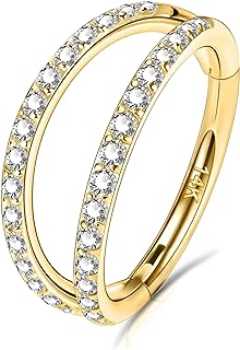 Hinged Segment Nose Ring - 14K Solid Gold Double Hoop with Sparkling Cubic Zirconia - Body Piercing Jewelry for Men and Women - Round Design