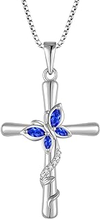 Cross Necklace for Women 925 Sterling Silver Butterfly Necklace Birthstone Created Gemstone Pendant Jewelry Gifts for Women Girls