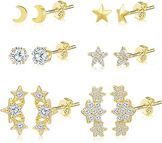 BOUTIQUELOVIN 925 Sterling Silver Push Back 14K Gold Star Stud Earrings for Women and Girls, Hypoallergenic and Chic Design Set