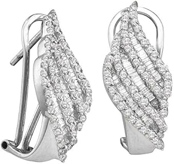 The Diamond Deal 14kt White Gold Womens Round Baguette Diamond Half J Hoop French-clip Earrings 1-1/3 Cttw