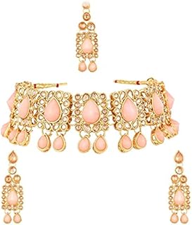 Efulgenz Mothers Day Gift Indian Jewelry Sets for Women Bollywood Jewelry Indian Jewelry Choker Kundan Crystal Necklace Earrings Maang Tikka Head Chain Bollywood Wedding Bridal Set