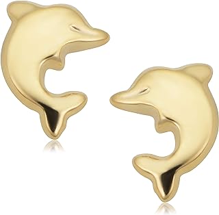 14K Yellow Gold Dolphin Stud Earrings with Secure Push Back Design for Women - Minimalist & Elegant Style