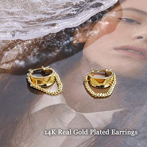 925 Sterling Silver Small Huggie Hoop Earrings for Women Trendy 14K Gold Plated Chain Hoop Flower Dangle Drop Earrings