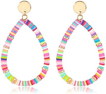 Colorful Heishi Bead Dangle Earrings with Latch Back Design for Women, Bohemian Style Rainbow Vinyl Disc Drop Earrings, Lightweight Alloy Summer Beach Jewelry