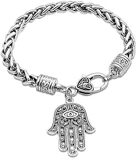AILUOR Hamsa Hand Silver Charm Bracelet with Box Chain - Evil Eye Zinc Alloy, Unisex Lucky Pendant Jewelry