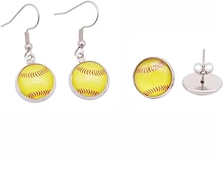 Stainless Steel Softball Earrings Studs with French Wire Back Finding for Women or Girls, Hypoallergenic Glass Cabochon Design