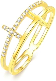 SISGEM Solid 14k Gold Moissanite Cross Ring for Women Real Gold Double Cross Rings Engagement Ring Wedding Band Ring Jewelry Gifts for Wife Mom Valentine's Day Mother's Day Birthday,Size 7