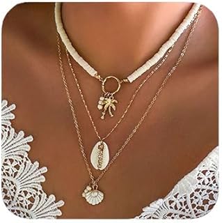 Boho Layered Shell Necklace Gold Charm Women Multilayer Cocos Pendant Necklace Pearl Rhinestones Chain Jewelry for Women and Teen Girls