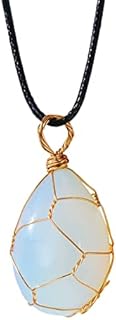 Moldavite Crystal Necklace With Round Clasp for Women & Men, Egg-Shaped Net Wrapped Opalite Gemstone Pendant for Reiki Balancing & Healing, Ideal Gift