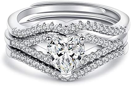 Uloveido 3pcs Set Womens Heart CZ Wedding Bands Engagement Ring Enhancer Adjustable Open Bridal Rings Platinum Plated