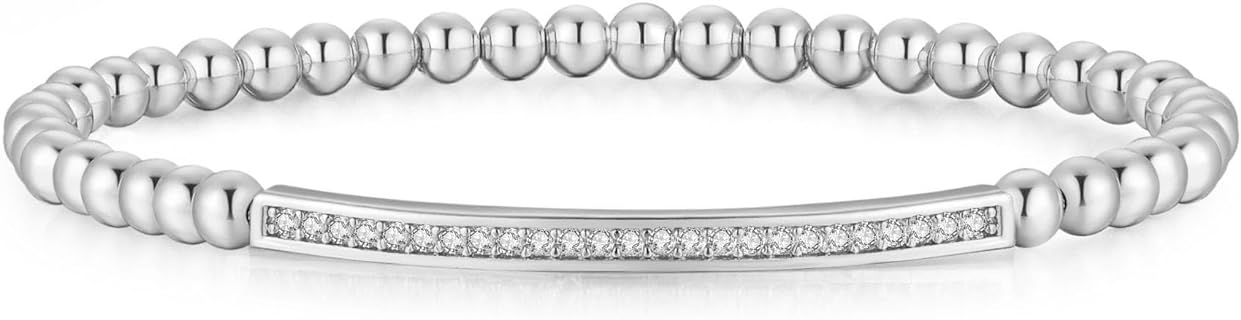 NUZON 4MM Gold Beaded Chain Bracelet for Women Dainty 14K Gold Plated CZ Curved Bar Bracelet Stretch/Lobster Clasp 2 Options